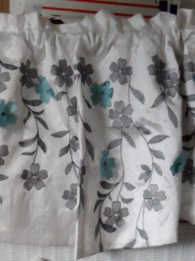 Swag Valance Faux Silk Embroidered Flowers Blue & Gray on White 60" x 18"